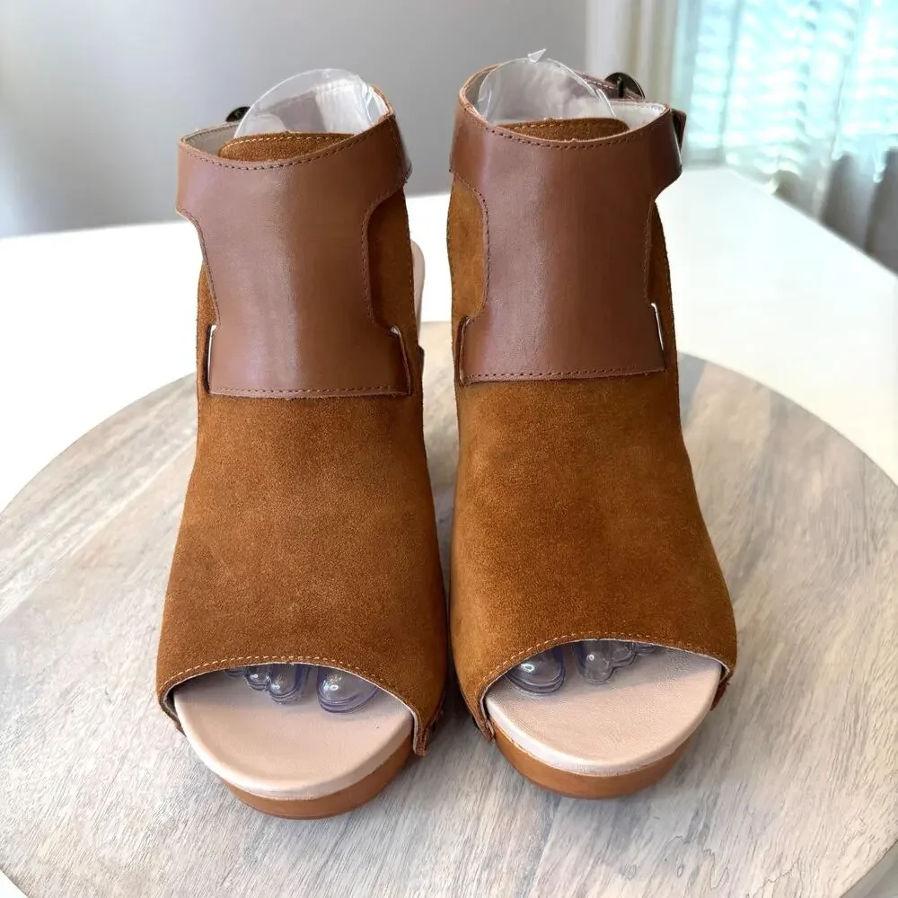 Jambu Handcrafted Suede Wood Platform Sandals Women's Size 8 Brown Peep Toe - Picture 4 of 13